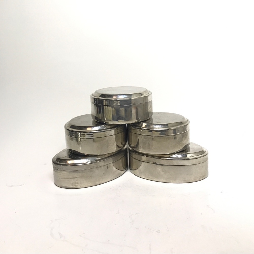 Lot of 5 Silver Metal Trinket Boxes: 3 Round, 2 Oval Minor Wear